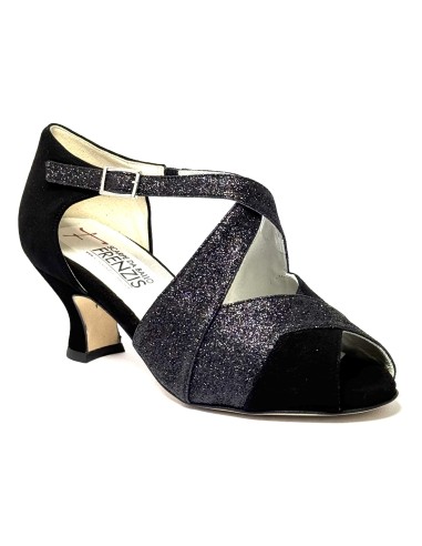 Spuntata camoscio nero glitter nero suola cuoio tacco 50