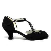Spuntata camoscio nero strass suola bufalo tacco 50 rocchetto