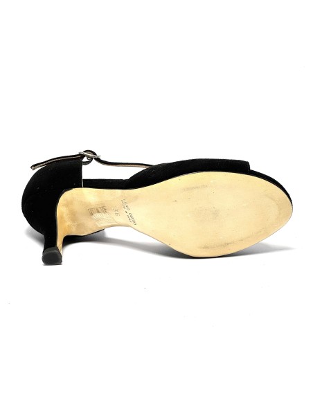 Spuntata camoscio nero suola cuoio tacco 70 sottile