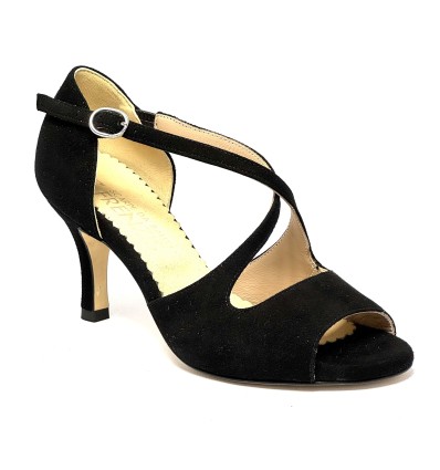 Scarpa da tango argentino camoscio nero suola cuoio tacco 70 sottile
