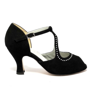 Spuntata camoscio nero e strass suola cuoio tacco 70