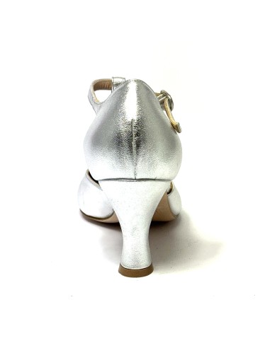 Punta chiusa pelle laminata argento con strass suola cuoio tacco 70 a rocchetto