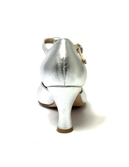 Punta chiusa pelle laminata argento con strass suola cuoio tacco 70 a rocchetto