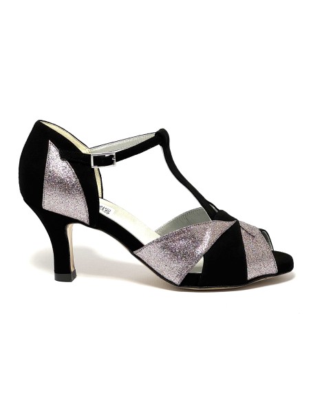 Scarpa da ballo donna latino ballo da sala tango camoscio nero glitter arcobaleno suola in cuoio pomiciato tacco 65  stiletto