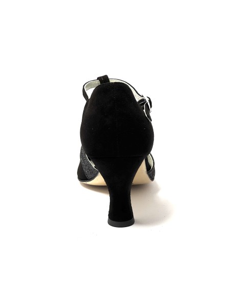 Spuntata camoscio nero glitter nero suola cuoio tacco 70 rocchetto