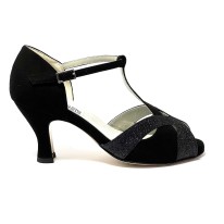 Spuntata camoscio nero glitter nero suola cuoio tacco 70 rocchetto