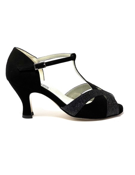 Spuntata camoscio nero glitter nero suola cuoio tacco 70 rocchetto