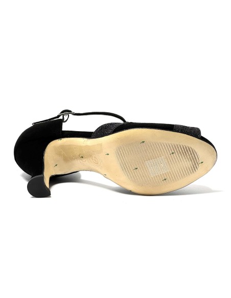 Spuntata camoscio nero glitter nero suola cuoio tacco 70 rocchetto