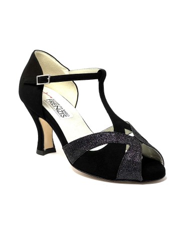 Spuntata camoscio nero glitter nero suola cuoio tacco 70 rocchetto