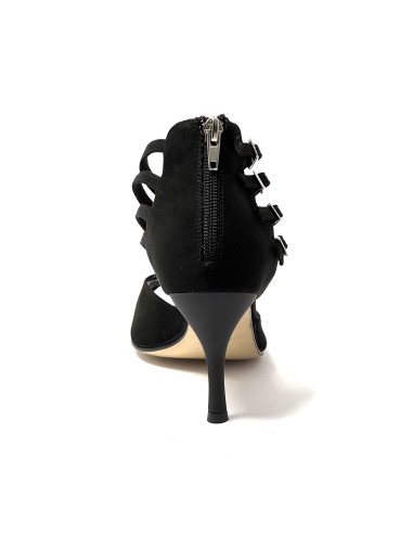 Spuntata camoscio nero suola cuoio tacco 85 sottile
