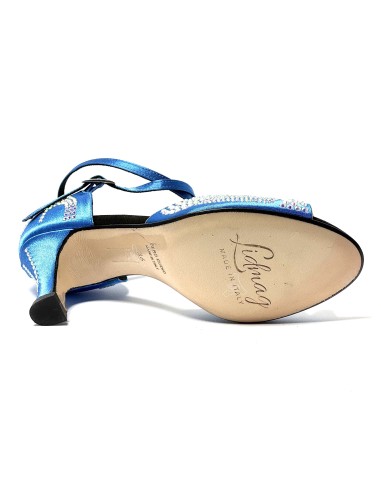 Spuntata raso blu tutta strass suola cuoio tacco 70 a rocchetto