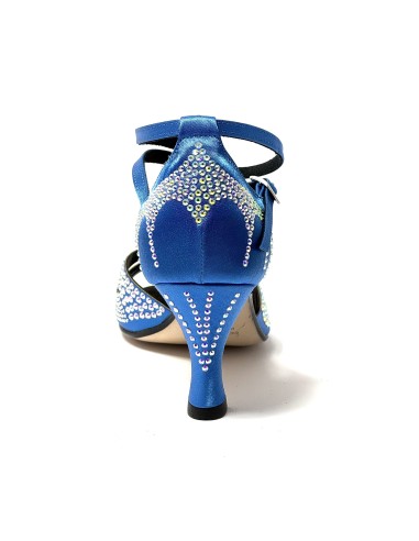 Spuntata raso blu tutta strass suola cuoio tacco 70 a rocchetto