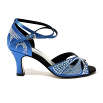 Spuntata raso blu tutta strass suola cuoio tacco 70 a rocchetto