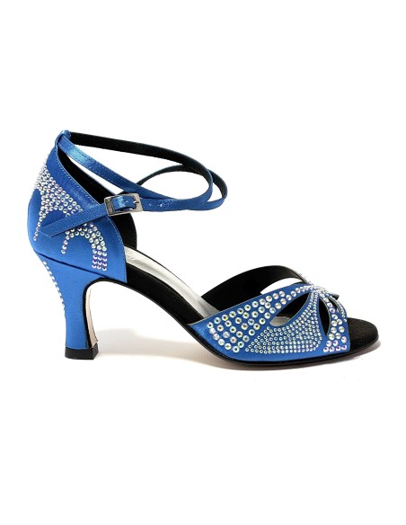 Spuntata raso blu tutta strass suola cuoio tacco 70 a rocchetto