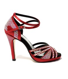 Raso rosso tutta strass suola cuoio plateau 1,5 cm tacco 115 a stiletto