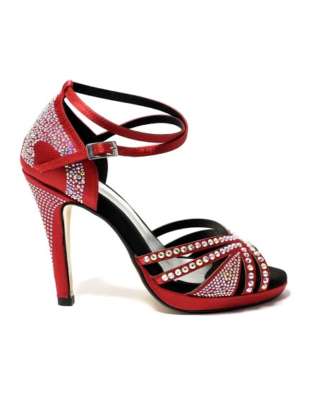 Raso rosso tutta strass suola cuoio plateau 1,5 cm tacco 115 a stiletto