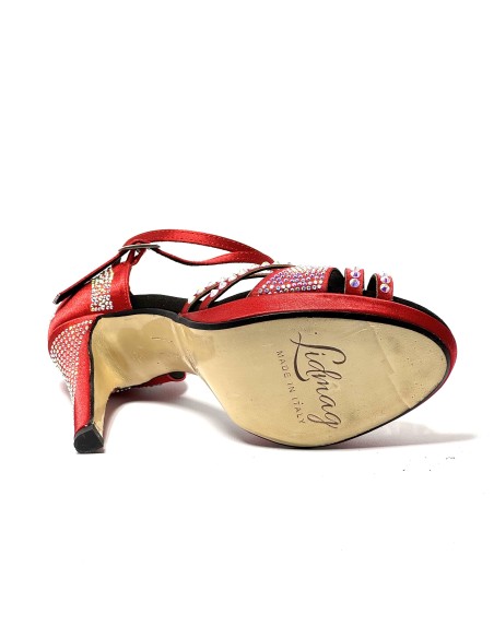 Raso rosso tutta strass suola cuoio plateau 1,5 cm tacco 115 a stiletto