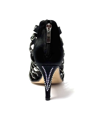 Spuntata striscioline in raso nero con strass suola cuoio tacco 85 a stiletto