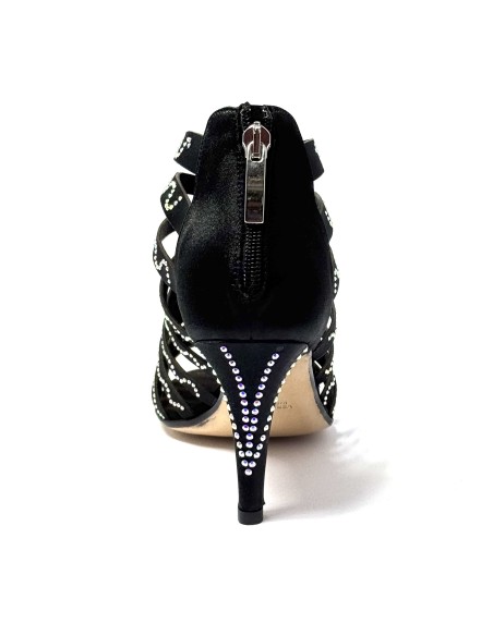 Spuntata striscioline in raso nero con strass suola cuoio tacco 85 a stiletto