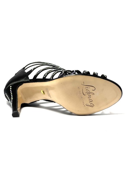 Spuntata striscioline in raso nero con strass suola cuoio tacco 85 a stiletto