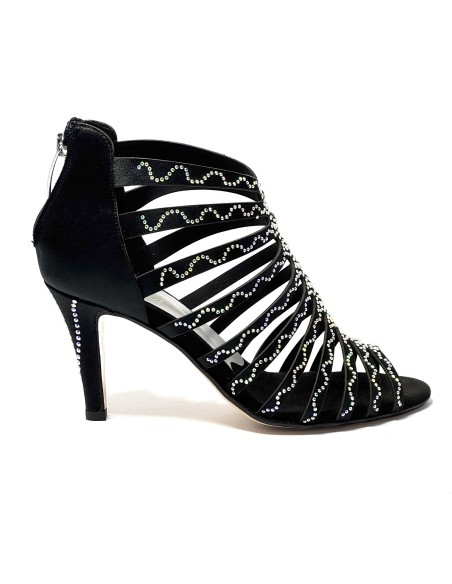 Spuntata striscioline in raso nero con strass suola cuoio tacco 85 a stiletto