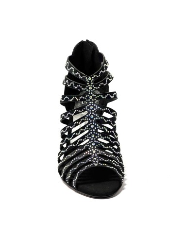 Spuntata striscioline in raso nero con strass suola cuoio tacco 85 a stiletto