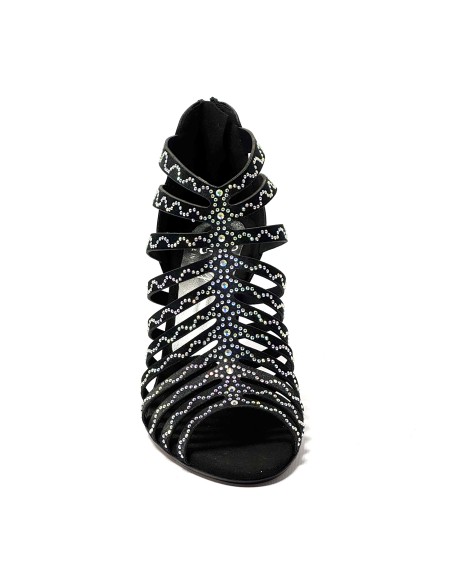 Spuntata striscioline in raso nero con strass suola cuoio tacco 85 a stiletto