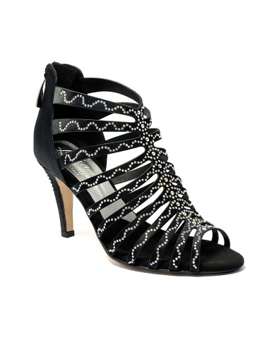 Spuntata striscioline in raso nero con strass suola cuoio tacco 85 a stiletto