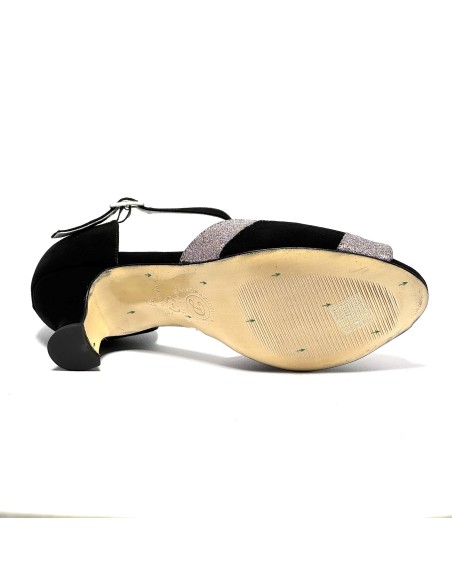 Spuntata camoscio nero glitter arcobaleno suola cuoio tacco 50