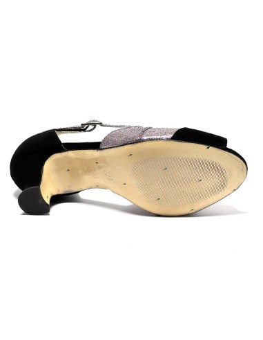 Spuntata camoscio nero glitter arcobaleno suola cuoio tacco 50