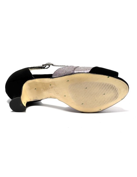 Spuntata camoscio nero glitter arcobaleno suola cuoio tacco 50