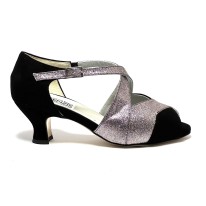Spuntata camoscio nero glitter arcobaleno suola cuoio tacco 50