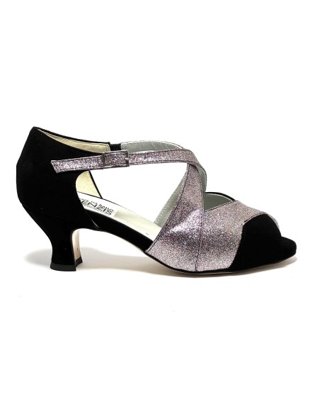 Spuntata camoscio nero glitter arcobaleno suola cuoio tacco 50