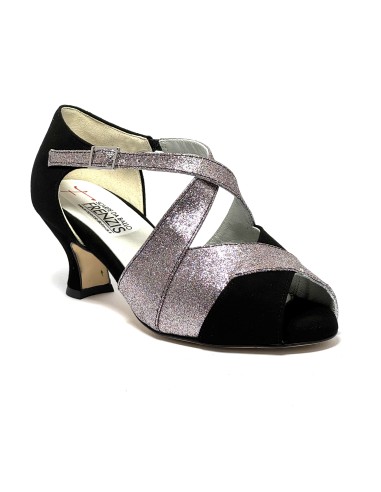 Spuntata camoscio nero glitter arcobaleno suola cuoio tacco 50