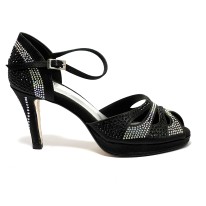 Spuntata raso nero tutta con mini strass cristal e neri plateau di 1,5 cm suola cuoio tacco 85 a stiletto