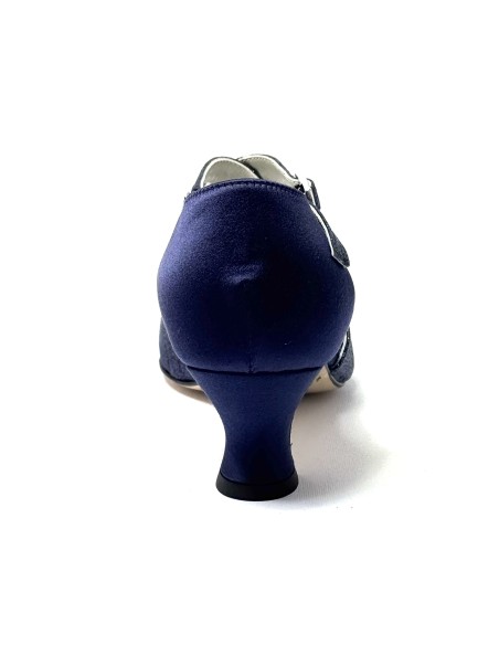 Spuntata raso e glitter blu suola cuoio tacco 50