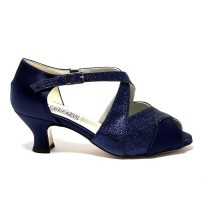 Spuntata raso e glitter blu suola cuoio tacco 50