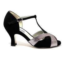 Spuntata camoscio nero glitter argento suola cuoio tacco 65