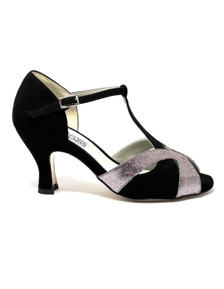Spuntata camoscio nero glitter argento suola cuoio tacco 65