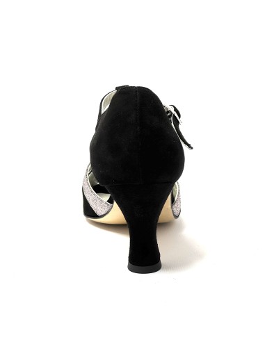 Spuntata camoscio nero glitter argento suola cuoio tacco 65