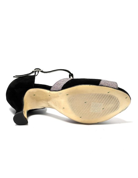Spuntata camoscio nero glitter argento suola cuoio tacco 65