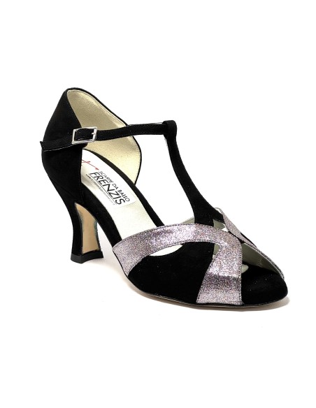 Spuntata camoscio nero glitter argento suola cuoio tacco 65