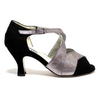 Spuntata camoscio nero glitter arcobaleno suola cuoio tacco 70