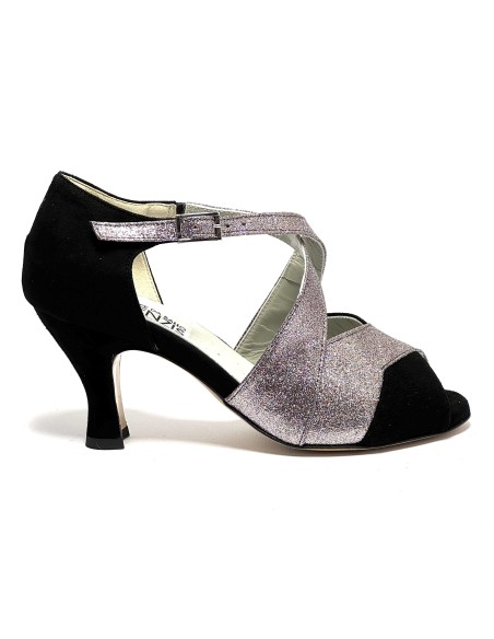 Spuntata camoscio nero glitter arcobaleno suola cuoio tacco 70