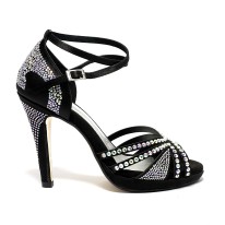 Spuntata raso nero tutta strass plateau 1,5 cm suola cuoio tacco 115