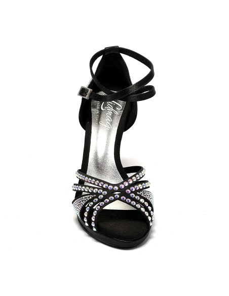 Spuntata raso nero tutta strass plateau 1,5 cm suola cuoio tacco 115