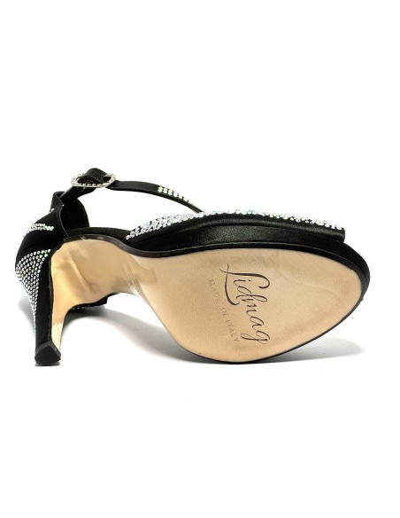 Spuntata raso nero tutta strass plateau 1,5 cm suola cuoio tacco 115