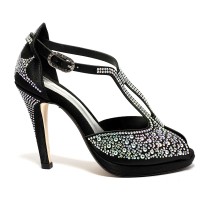 Spuntata raso nero tutta strass plateau 1,5 cm suola cuoio tacco 115