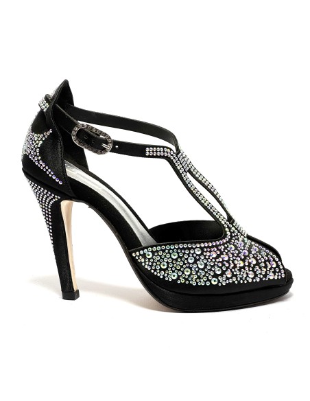 Spuntata raso nero tutta strass plateau 1,5 cm suola cuoio tacco 115