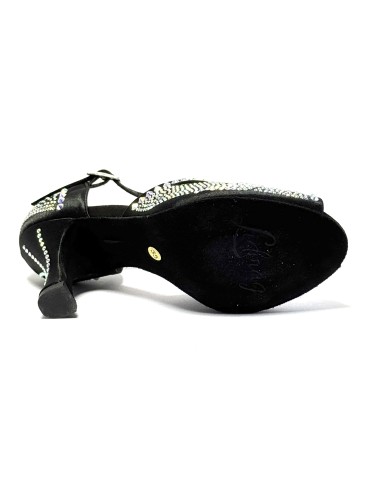 Spuntata raso nero tutta strass suola bufalo tacco 80 a rocchetto